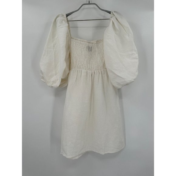 Tuckernuck Women's Annie Smocked Mini Dress Linen Puff Sleeve White sz L NEW - Picture 8 of 8